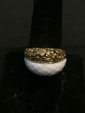 Gold-Tone Filigree Decorated & Faceted Howlite Gemstone 14mm Wide Tapered Sterling Silver Ring Band