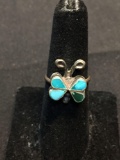Teardrop Shaped Turquoise & Malachite Inlaid 17x14mm Old Pawn Mexico Sterling Silver Butterfly Ring