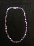 Asian Inspired Contoured 6mm Wide Lavender Jade Featured 16in Long High Polished Sterling Silver