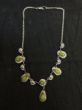 Green Resin Teardrop Featured Bead Ball Detailed Mexican Made Signed Designer Sterling Silver 14in
