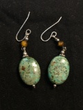 Oval 17x13mm Turquoise Beaded Center w/ Tiger's Eye Accent Pair of Sterling Silver Shepard's Hook