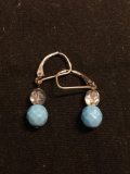Briolette Faceted Blue & Clear Glass Beaded Two-Tier Pair of Sterling Silver Lever Back Earrings