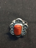 Oval 15x9mm Polished Coral Cabochon Center Feather & Filigree Decorated Old Pawn Native American