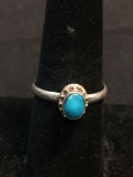 Bead Ball Detailed Framed Oval 5x4mm Turquoise Cabochon High Polished Sterling Silver Ring Band