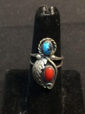 Oval Turquoise & Coral Cabochon Featured Feather Detailed 27x13mm Old Pawn Native American Sterling