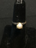 Round 6.5mm White Pearl Center Four Prong Set Signed Designer Sterling Silver Ring Band