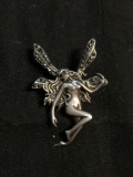 Marcasite Accented 40x25mm Provocative Fairy Signed Designer Sterling Silver Brooch