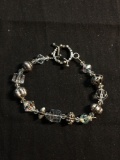 Hand-Beaded Faceted Crystal & Sterling Silver Bead Accented 8in Long Toggle Bracelet