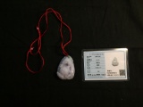 Hand-Carved Asian Inspired 50x35x15mm Lavender Jade Pendant w/ Red Silk Cord & Certificate