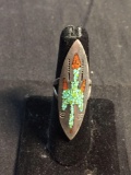 Broken Edge Turquoise & Coral Inlaid Marquise Shaped 48x14mm Tribal Design Old Pawn Native American