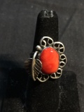Oval 15x11mm Polished Coral Cabochon Center w/ Feather & Scallop Detail Old Pawn Native American