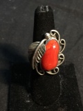 Oval 20x11mm Polished Coral Cabochon Center w/ Feather & Scallop Detail Old Pawn Native American