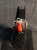 Oval 14x9mm Polished Coral Cabochon Center w/ Feather & Scallop Detail Old Pawn Native American