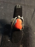 Oval 17x13mm Polished Coral Cabochon Center w/ Feather Detail Old Pawn Native American Sterling