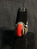 Oval 17x7mm Polished Coral Cabochon Center w/ Feather & Rope Detail Old Pawn Native American