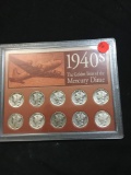 1940's The Golden Years of the Mercury Dime Display with 10 90% Silver Mercury Dimes