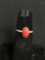 Oval 8x5mm Coral Cabochon Center Old Pawn Native American Sterling Silver Ring Band