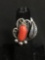 Oval 15x7mm Polished Coral Cabochon Center Feather & Filigree Decorated Handmade Old Pawn Native