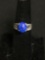 Oval 10x8mm Blue Gem Cabochon Center Filigree Heart Decorated Signed Designer Sterling Silver Ring