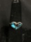 Broken Edge Turquoise Inlaid 14x10mm Heart Center Old Pawn Mexico Sterling Silver Ring Band