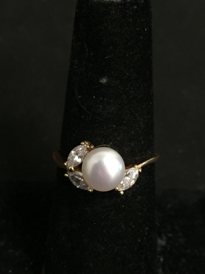 Round 7mm White Pearl Center w/ Three Marquise Faceted CZ Accents 14kt Gold-Plated Bypass Ring Band