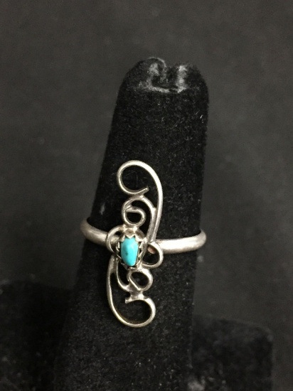 Filigree Scroll Decorated 23x8mm Feature w/ Oval Turquoise Center Old Pawn Mexico Sterling Silver