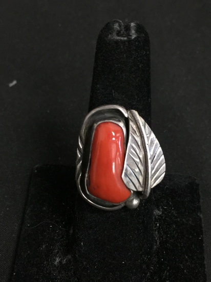 Oval 19x11mm Coral Cabochon Center Feather Detailed Handmade Old Pawn Native American Sterling