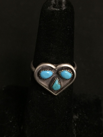 Three Oval & Teardrop Fashioned Turquoise Centers 15x12mm Heart Feature Old Pawn Native American