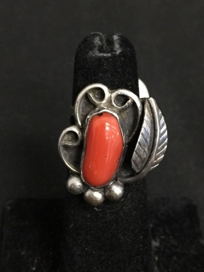 Oval 15x7mm Polished Coral Cabochon Center Feather & Filigree Decorated Handmade Old Pawn Native