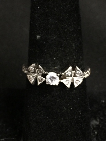 CH Designer Round Faceted 3mm CZ Center w/ Round CZ Accents Triangle Themed Sterling Silver Ring