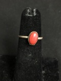 Oval 8x5mm Coral Cabochon Center Old Pawn Native American Sterling Silver Ring Band