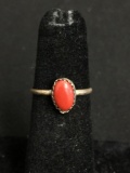 Oval 8x5mm Coral Cabochon Center Old Pawn Native American Sterling Silver Ring Band