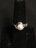 Round 7mm White Pearl Center w/ Twin Round Diamond Accents Sterling Silver & 10kt Gold Ring Band