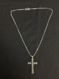 Milgrain Marcasite Detailed 41x28mm Signed Designer Sterling Silver Cross Pendant w/ 18in Long Box