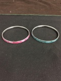 Lot of Two 5mm Wide Silver-Tone Alloy Dyed Mother of Pearl Inlaid 3in Diameter Bangle Bracelets