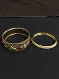 Lot of Two Gold-Tone Fashion Alloy 3in Diameter Bangle Bracelets w/ Rhinestone Accents, One 20mm