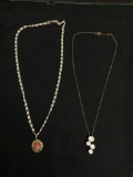 Lot of Two Fashion Necklaces, One 18in Long w/ Moonstone Pendant & 16in Long w/ Graduating CZ