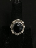 Oval 14x12mm Onyx Cabochon Center w/ Marcasite Accented Halo Vintage Sterling Silver Ring Band