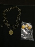 Lot of Four, Three Matched Round M.S.T.S. Military Buttons & One 38in Long Brass Coin Necklace