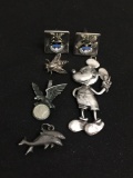 Lot of Five, Four Various Size & Style Pewter Fashion Pendants & One Pair Silver-Tone Alloy Air