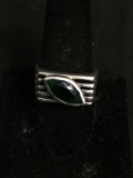 Diagonal Full Bezel Set 13x6mm Marquise Faceted Created Emerald 10mm Wide Tapered Sterling Silver