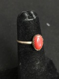 Oval 8x5mm Coral Cabochon Center Old Pawn Native American Sterling Silver Ring Band