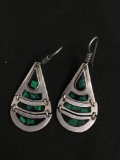 Teardrop Shaped 38x22mm Malachite Inlaid Three-Tier Design Old Pawn Mexico Pair of Sterling Silver