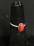 Oval 8x5mm Coral Cabochon Center Old Pawn Native American Sterling Silver Ring Band