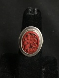 Oval 15x11mm Hand-Carved Red Coral Floral Motif Center Split Shank Old Pawn Mexico Sterling Silver