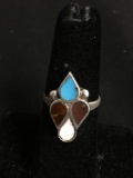 Four Multi-Gemstone Teardrop Shaped Inlaid 20x11mm Top Old Pawn Mexico Sterling Silver Ring Band