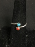 Twin Round 3mm Turquoise & Coral Cabochon Centers Bypass Style Old Pawn Mexico Sterling Silver Ring