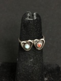 Twin Round 2mm Turquoise & Coral Cabochon Center Heart Detailed Sterling Silver Ring Band