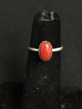 Oval 8x5mm Coral Cabochon Center Old Pawn Native American Sterling Silver Ring Band