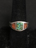 Broken Edge Turquoise & Coral Inlaid 10mm Wide Tapered Old Pawn Mexico Sterling Silver Ring Band